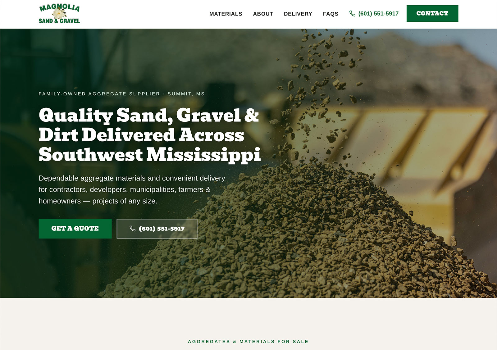 Magnolia Sand & Gravel website homepage
